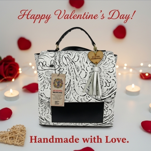 Handmade Handbags - LEATHER White & Black BACKPACK Embossed Tooled Artisan Shoulder Bag Purse Hobo